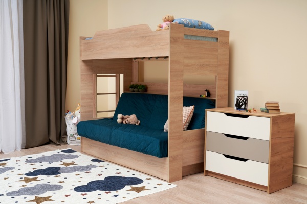 Двухъярусная кровать с диван-кроватью велюр синий / дуб сонома