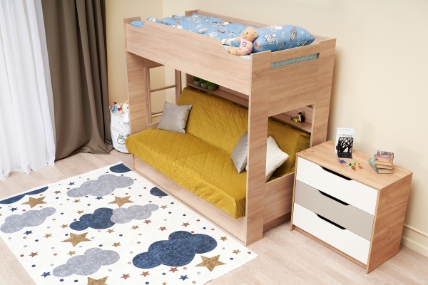 Двухъярусная кровать с диван-кроватью велюр желтый / дуб сонома